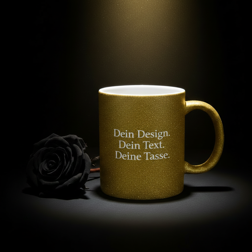 Edle Tasse mit rauer, gold-glitzernder Oberfläche