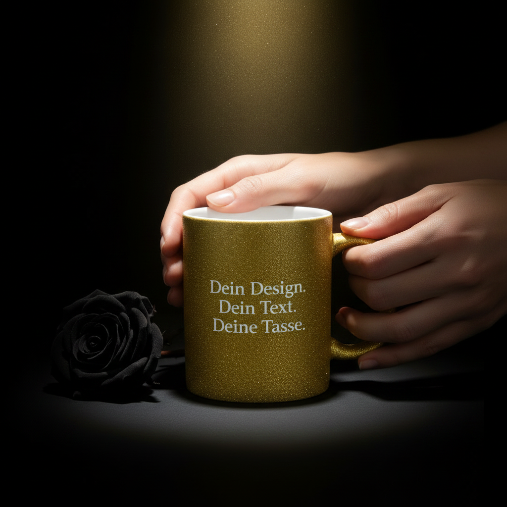 Edle Tasse mit rauer, gold-glitzernder Oberfläche