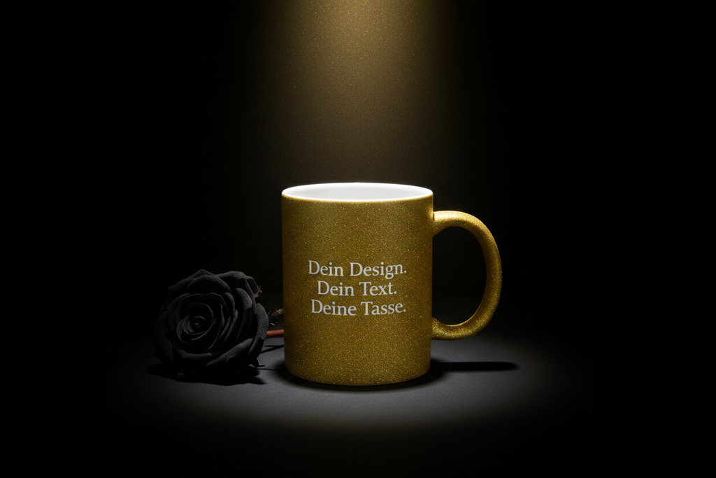 Edle Tasse mit rauer, gold-glitzernder Oberfläche