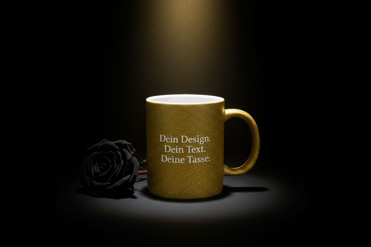 Edle Tasse mit rauer, gold-glitzernder Oberfläche