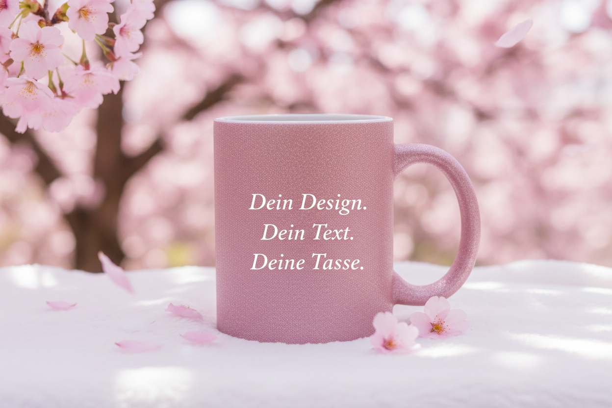 Edle Tasse mit rauer, rosa-glitzernder Oberfläche