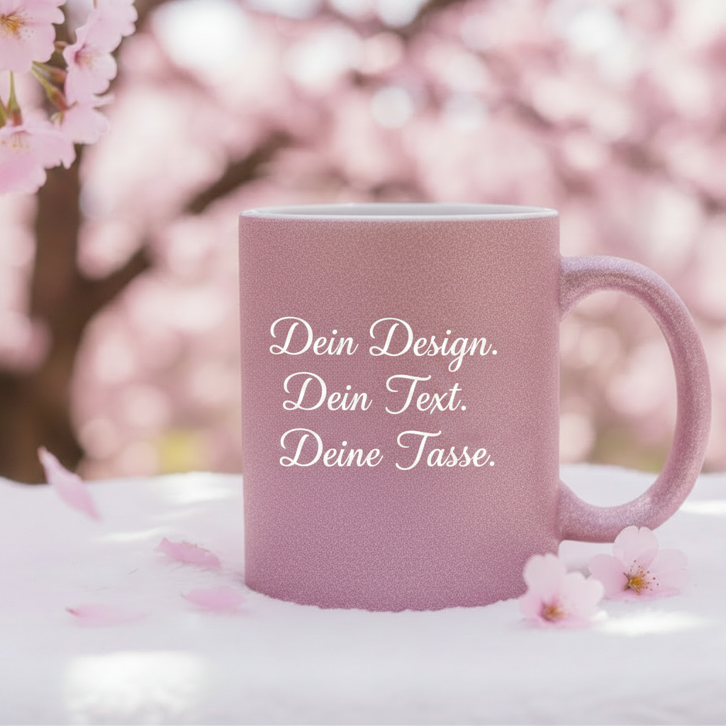 Edle Tasse mit rauer, rosa-glitzernder Oberfläche